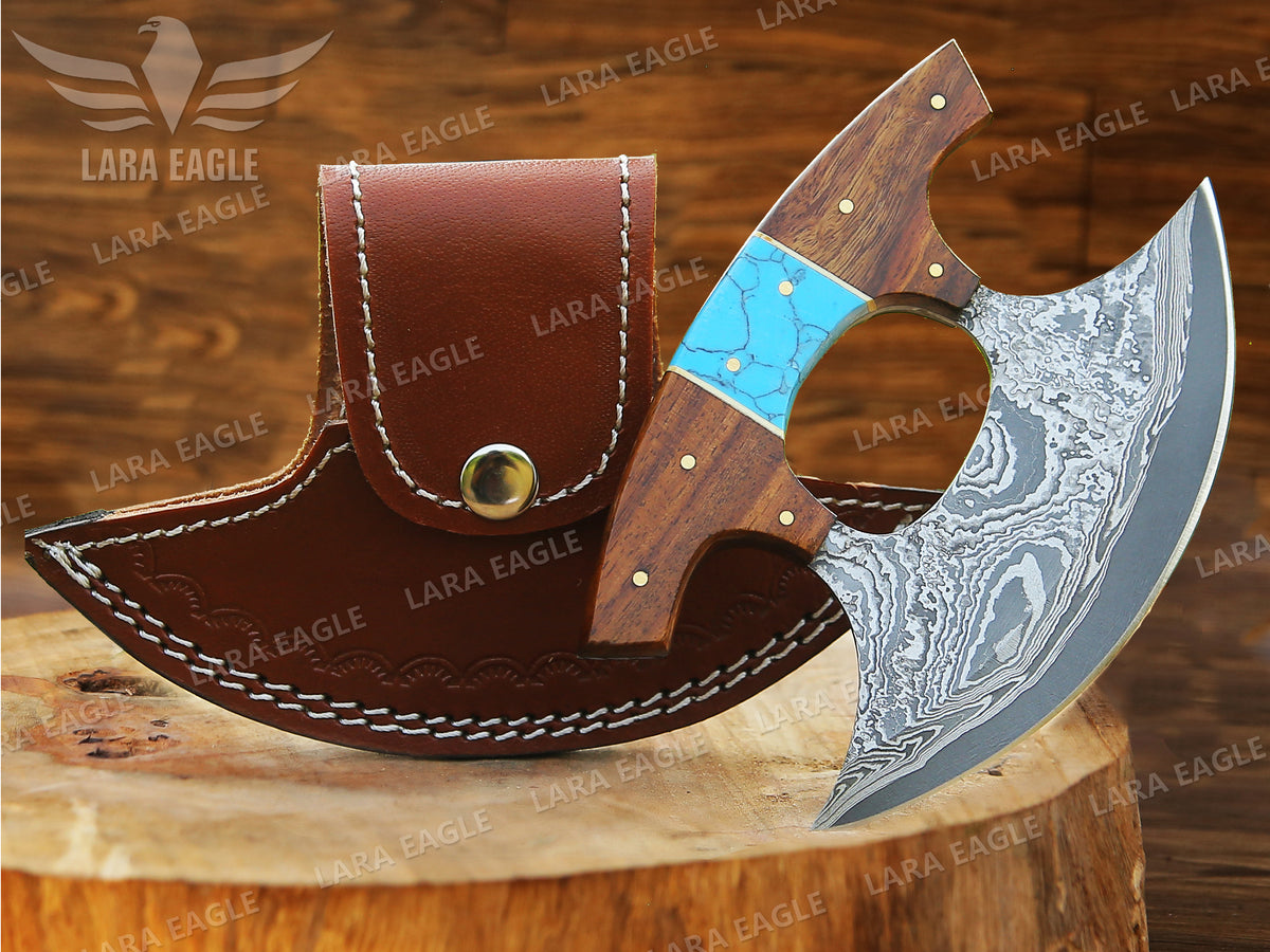 Handcrafted Damascus Steel Ulu Knife: Turquoise & Rosewood Handle Pizza Cutter Turquoise Anniversary Gift