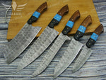 Handmade Chef Knife Set 5pcs Damascus Steel Kitchen Knife Set Turquoise & Rose Wood Handle Best Gift for Anniversary Gift For Birthday