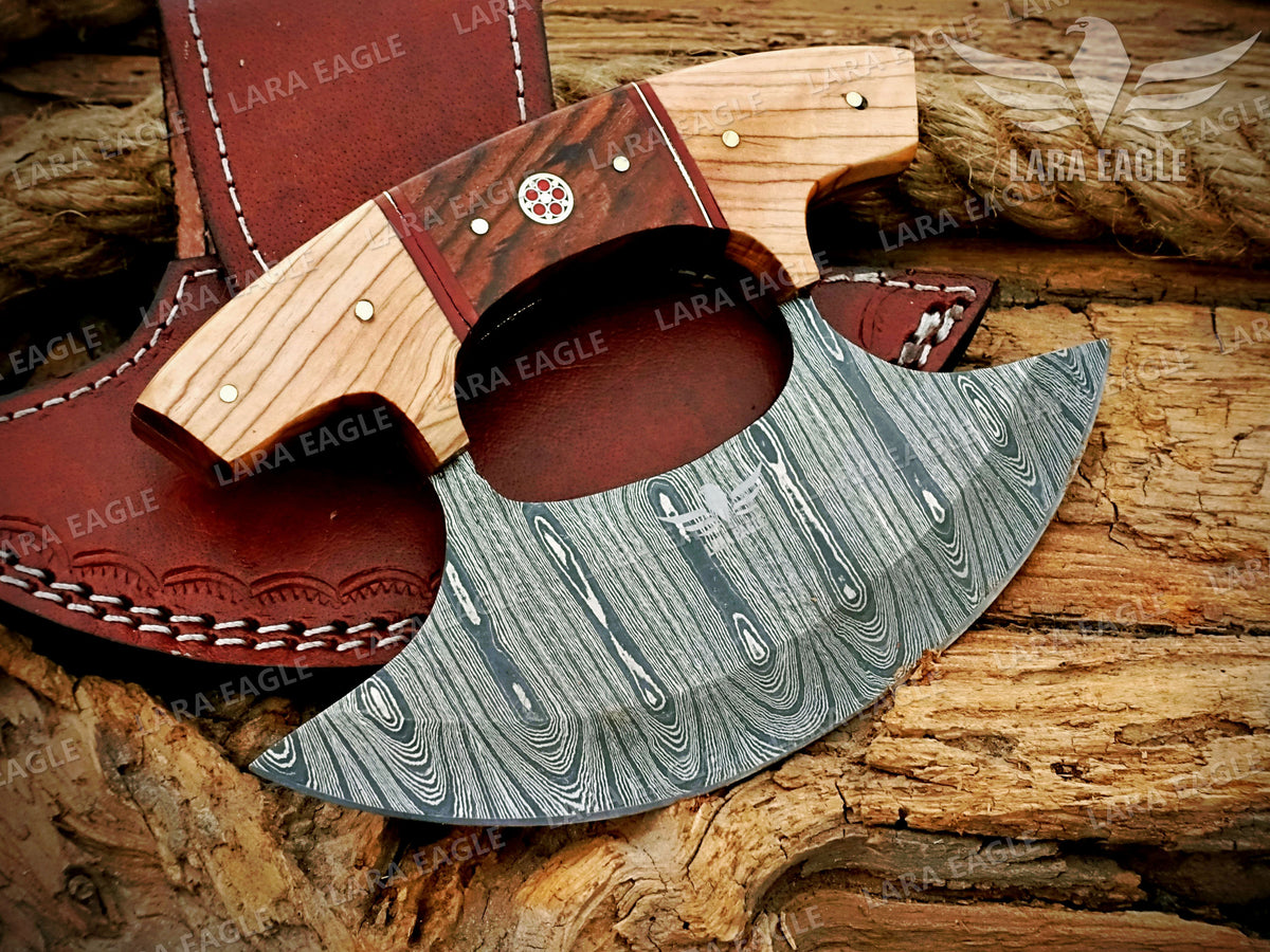 Damascus Ulu Knife: Handmade Celtic Knot Rosewood Handle, Handmade Pizza Cutter Birthday Gift Anniversary Gift
