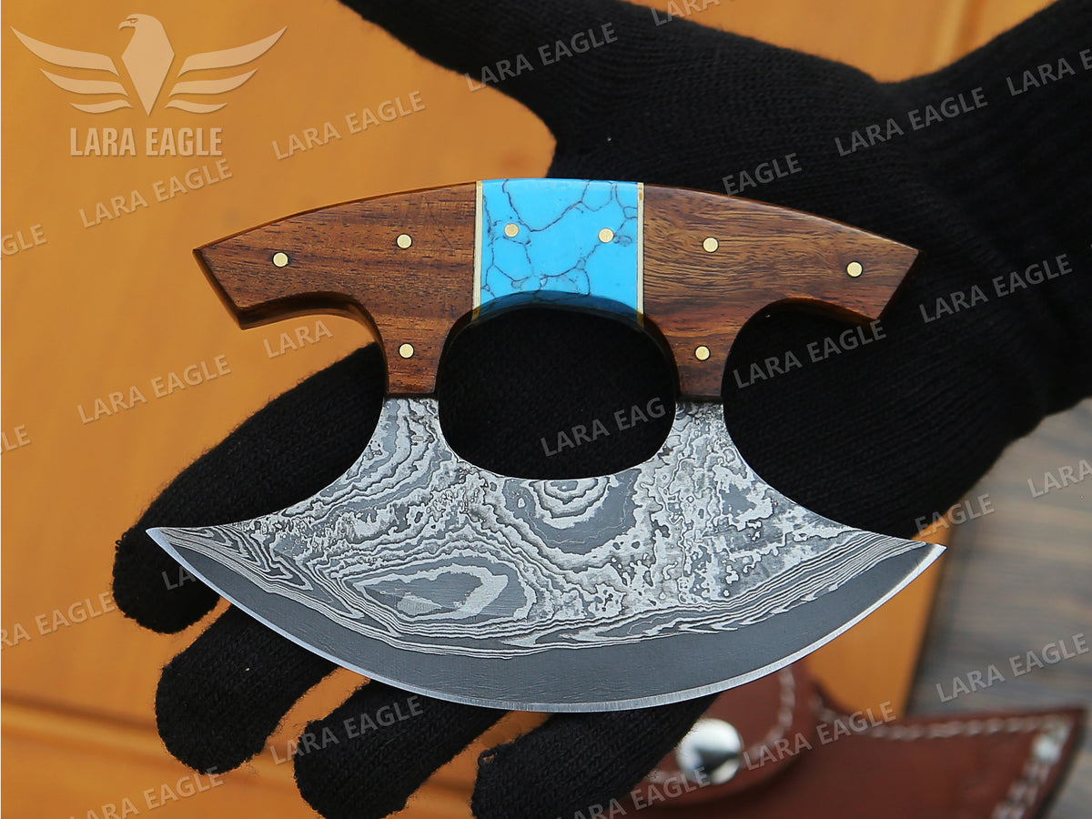 Handcrafted Damascus Steel Ulu Knife: Turquoise & Rosewood Handle Pizza Cutter Turquoise Anniversary Gift