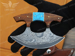 Handcrafted Damascus Steel Ulu Knife: Turquoise & Rosewood Handle Pizza Cutter Turquoise Anniversary Gift