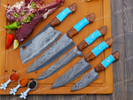 Handcrafted San Mai Damascus Chef Knife Set 5-Piece with Turquoise & Rose Wood Handles Leather Sheath Gift for Anniversary