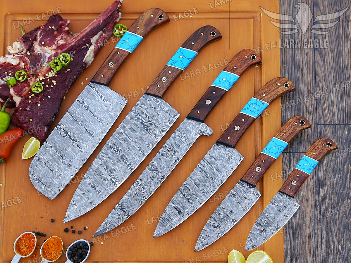 Handmade Damascus Chef Knife Set: Turquoise & Rose Wood Handle Birthday Gift Anniversary Gift