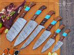 Handmade Damascus Chef Knife Set: Turquoise & Rose Wood Handle Birthday Gift Anniversary Gift
