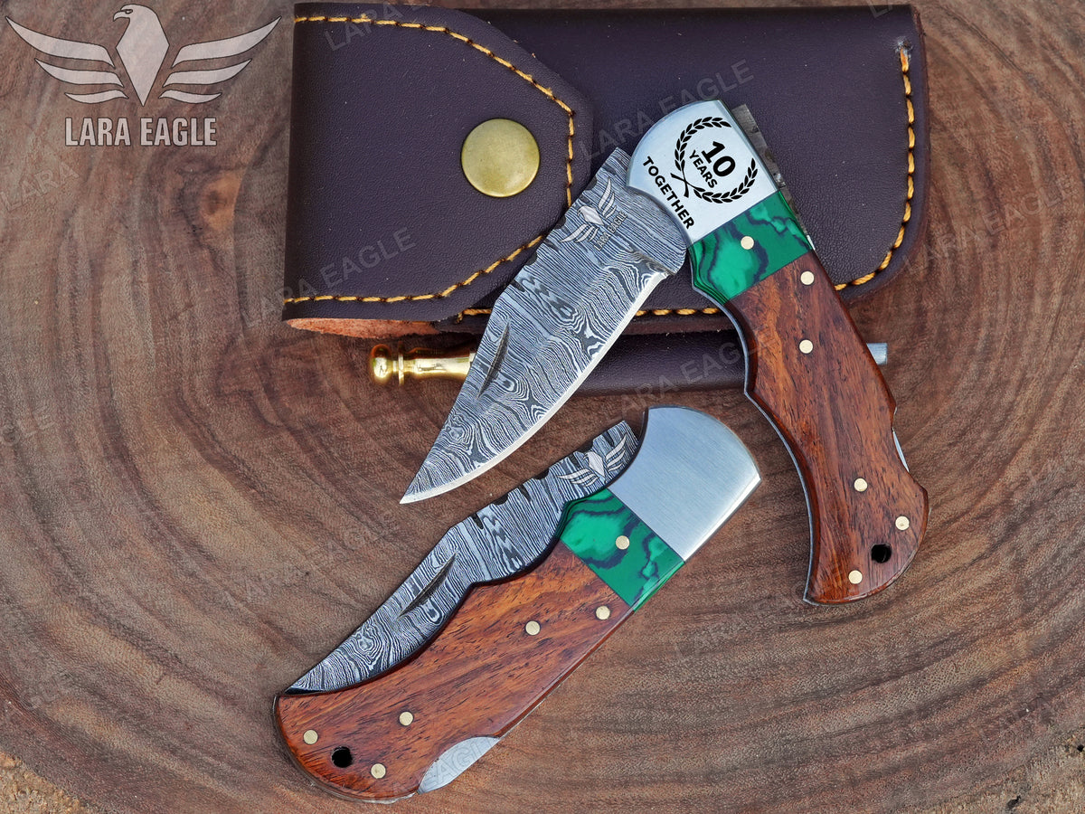 Personalized Handmade Damascus Steel Pocket Knife, Malachite and Rose Wood Handle