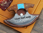 Handcrafted Damascus Steel Ulu Knife: Turquoise & Rosewood Handle Pizza Cutter Turquoise Anniversary Gift