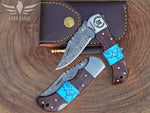 Damascus Steel Handmade Folding Knife, Turquoise and Rose Wood Handle, Everyday carry Pocket Knife