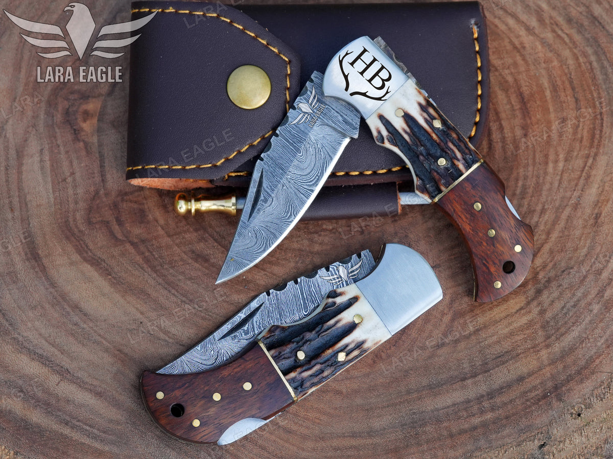 Personalized Handmade Damascus Steel Pocket Knife, Stag Horn and Rose Wood Handle