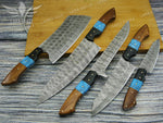 Handmade Chef Knife Set 5pcs Damascus Steel Kitchen Knife Set Turquoise & Rose Wood Handle Best Gift for Anniversary Gift For Birthday