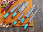 Handcrafted San Mai Damascus Chef Knife Set 5-Piece with Turquoise & Rose Wood Handles Leather Sheath Gift for Anniversary
