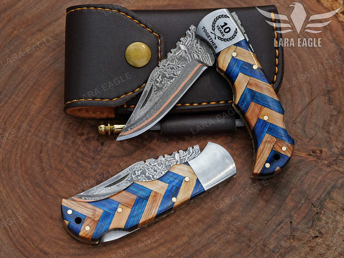Custom Copper Damascus Pocket Knife Anniversary Gift Outdoor Survival Folding Knife Groomsman Gift Personalized Gift For Men Christmas Gift