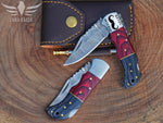 Personalized Handmade Damascus Steel Pocket Knife, Folding Knife With Pakka Wood Handle