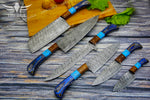 Elegant Damascus Steel Chef Knife Set with Turquoise Gemstone, Rosewood & Pakka Wood Handles, Professional Chef Knife Set, Anniversary Gift