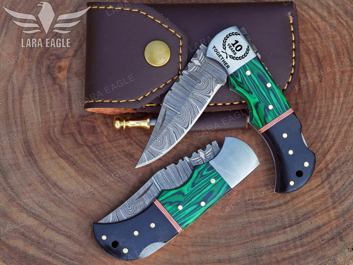 Handmade Damasus Steel Folding Knife Pocket Knife, Malachite and Bull Horn Handle