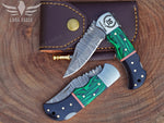Handmade Damasus Steel Folding Knife Pocket Knife, Malachite and Bull Horn Handle