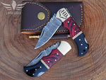 Hand Forged Damascus Steel Pocket Knife, Personalized Folding Knife, Pakka Wood and Bull Horn Handle