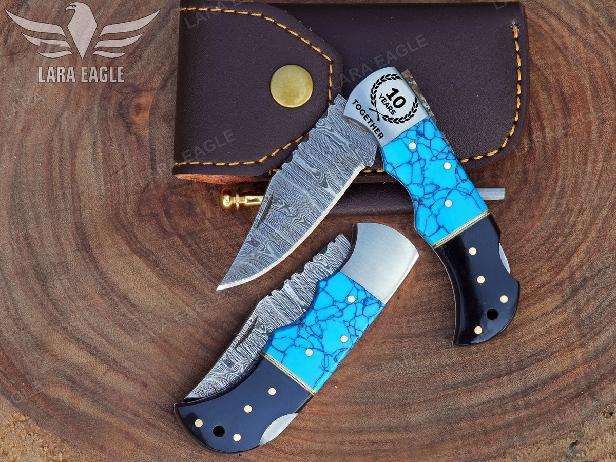 Handmade Damascus Steel Pocket Knife, Personalized Folding Knife, Turquoise and Bull Horn Handle