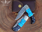 Handmade Damascus Steel Pocket Knife, Personalized Folding Knife, Turquoise and Bull Horn Handle