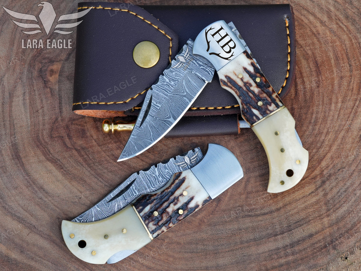 Handmade Damascus Steel Pocket Folding Knife, Stag Horn and Camel Bone Handle