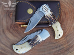 Handmade Damascus Steel Pocket Folding Knife, Stag Horn and Camel Bone Handle