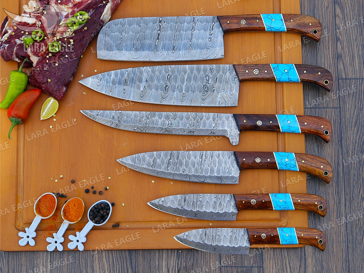 Handmade Damascus Chef Knife Set: Turquoise & Rose Wood Handle Birthday Gift Anniversary Gift