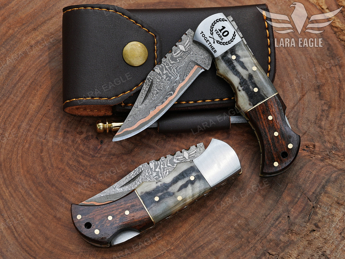 Handmade Copper Damascus Folding Knife Custom Made Pocket Knife Personalized Anniversary Gift for Him Christmas Gifts Groomsman Gift