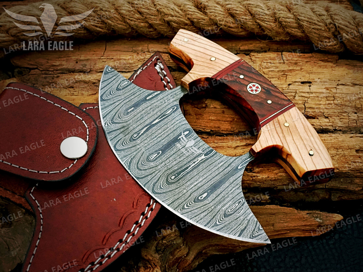 Damascus Ulu Knife: Handmade Celtic Knot Rosewood Handle, Handmade Pizza Cutter Birthday Gift Anniversary Gift