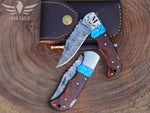 Personalized Handmade Damascus Steel Pocket Knife, Turquoise and Rose Wood Handle