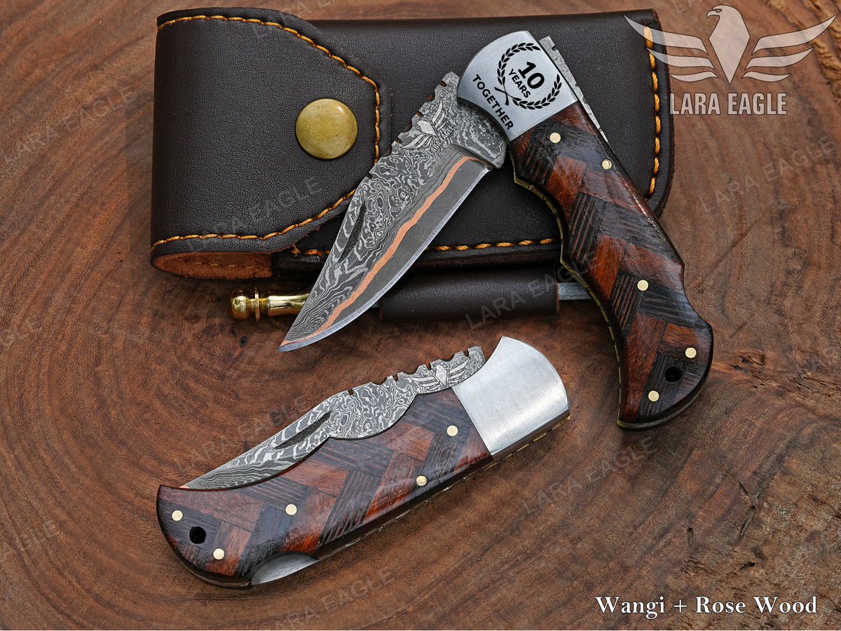 Handmade Copper Damascus Folding Knife: Wangi Wood Handle Unique Anniversary Gift For Husband Father's Day Groomsman Gift