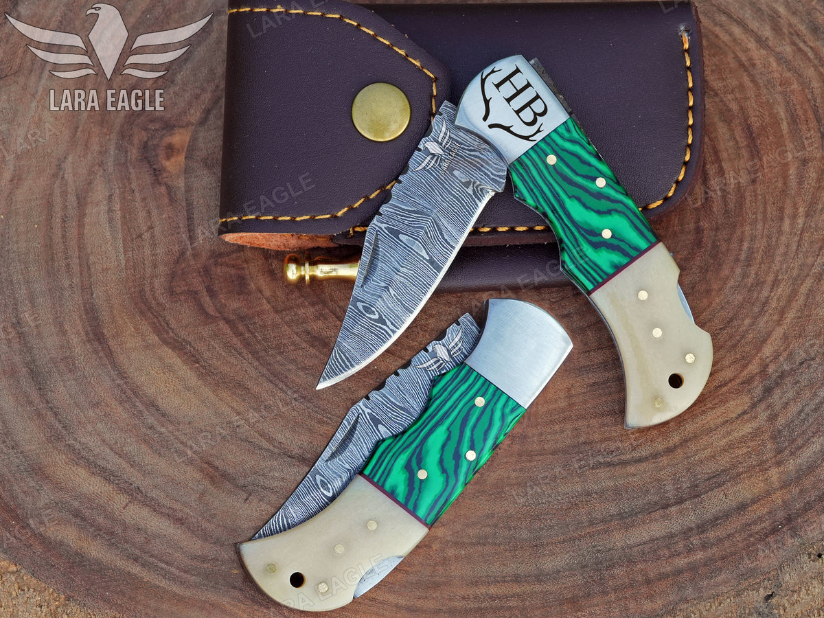 Handmade Damascus Steel Pocket Knife, Personalized Folding Knife, Malachite and Camel Bone Handle