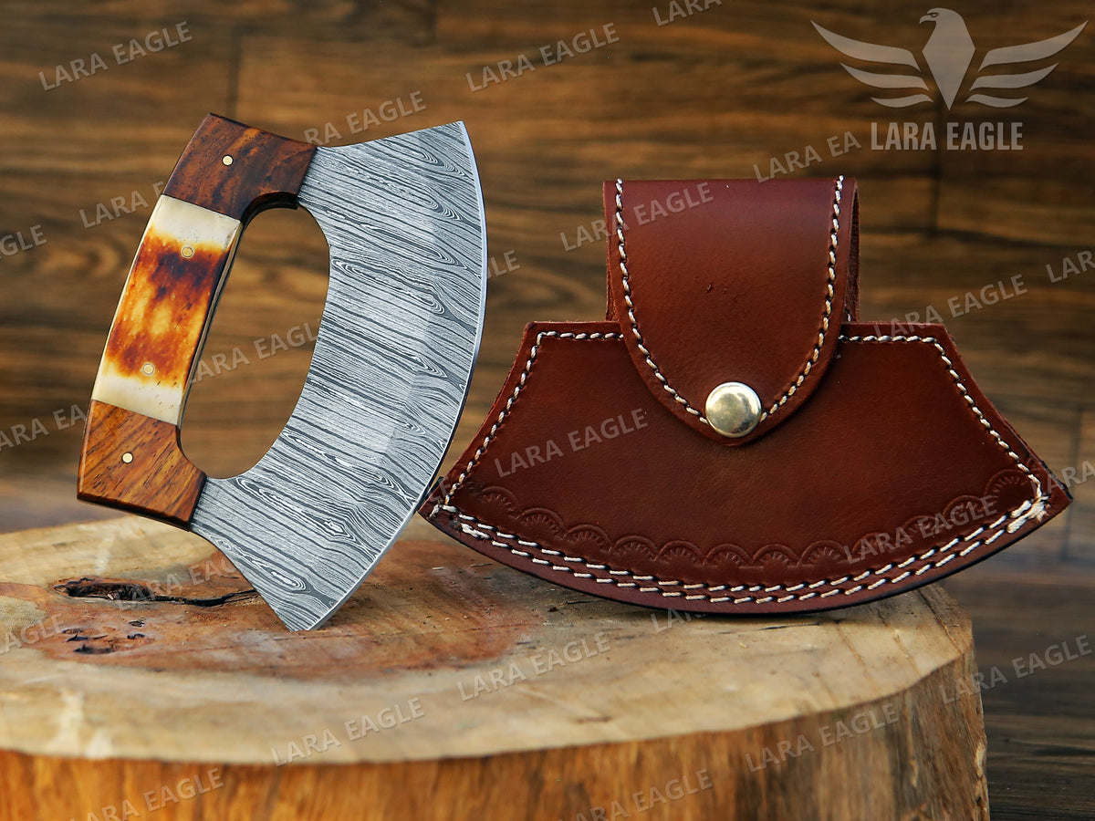 Handmade Damascus Steel Chef Ulu Knife Celtic Knot Handle Camel Bone & Rose Wood Handle Pizza Cutter Kitchen Ulu Knife Anniversary Gift