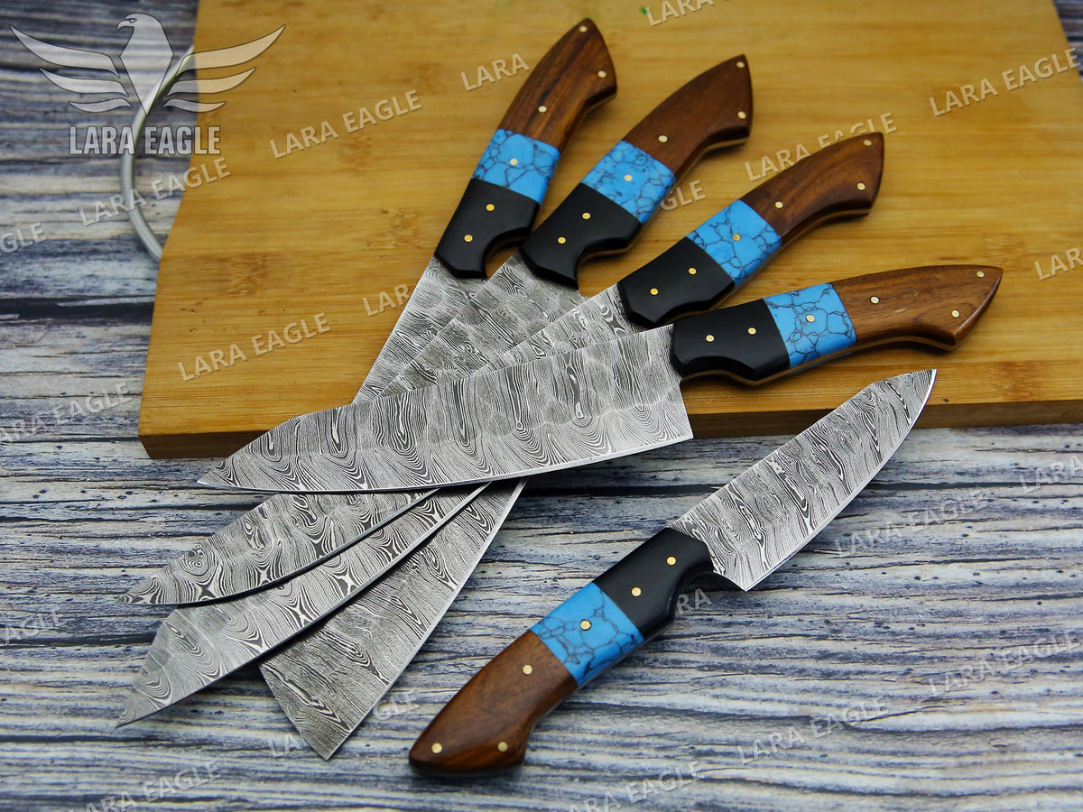 Handmade Chef Knife Set 5pcs Damascus Steel Kitchen Knife Set Turquoise & Rose Wood Handle Best Gift for Anniversary Gift For Birthday