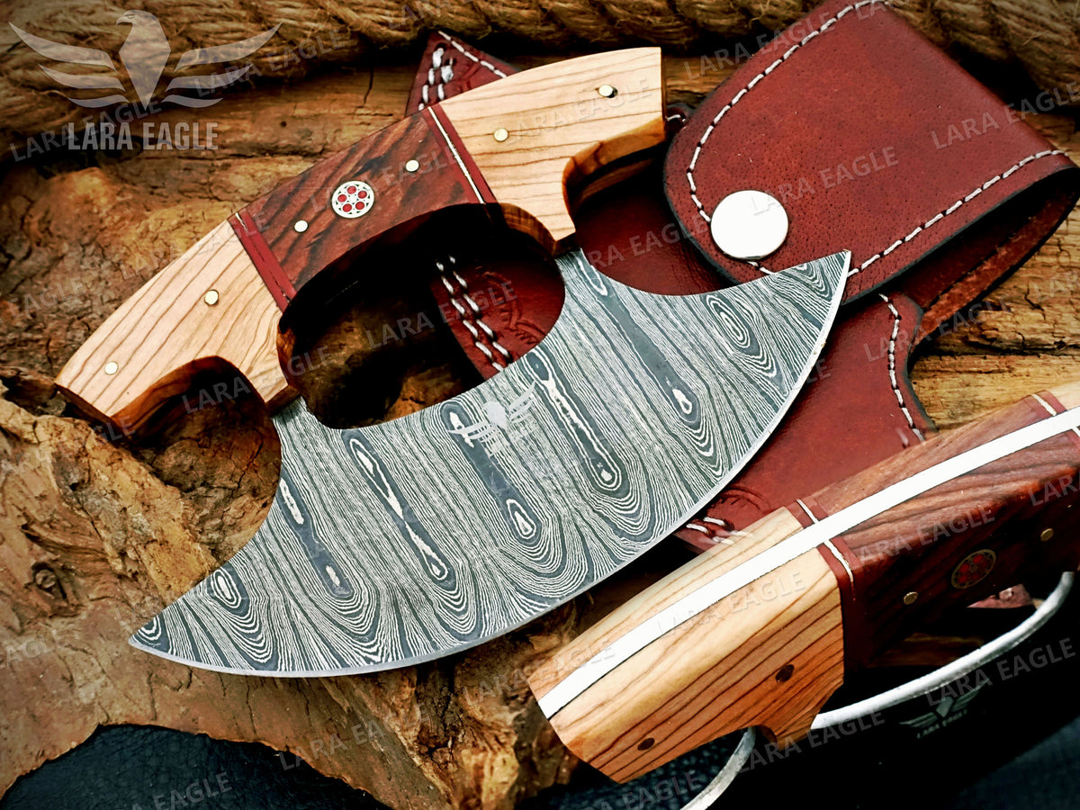 Damascus Ulu Knife: Handmade Celtic Knot Rosewood Handle, Handmade Pizza Cutter Birthday Gift Anniversary Gift