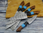 Handmade Chef Knife Set 5pcs Damascus Steel Kitchen Knife Set Turquoise & Rose Wood Handle Best Gift for Anniversary Gift For Birthday