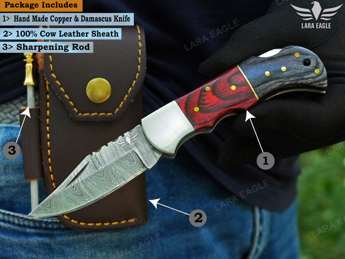 Personalized Handmade Damascus Steel Pocket Knife, Folding Knife With Pakka Wood Handle