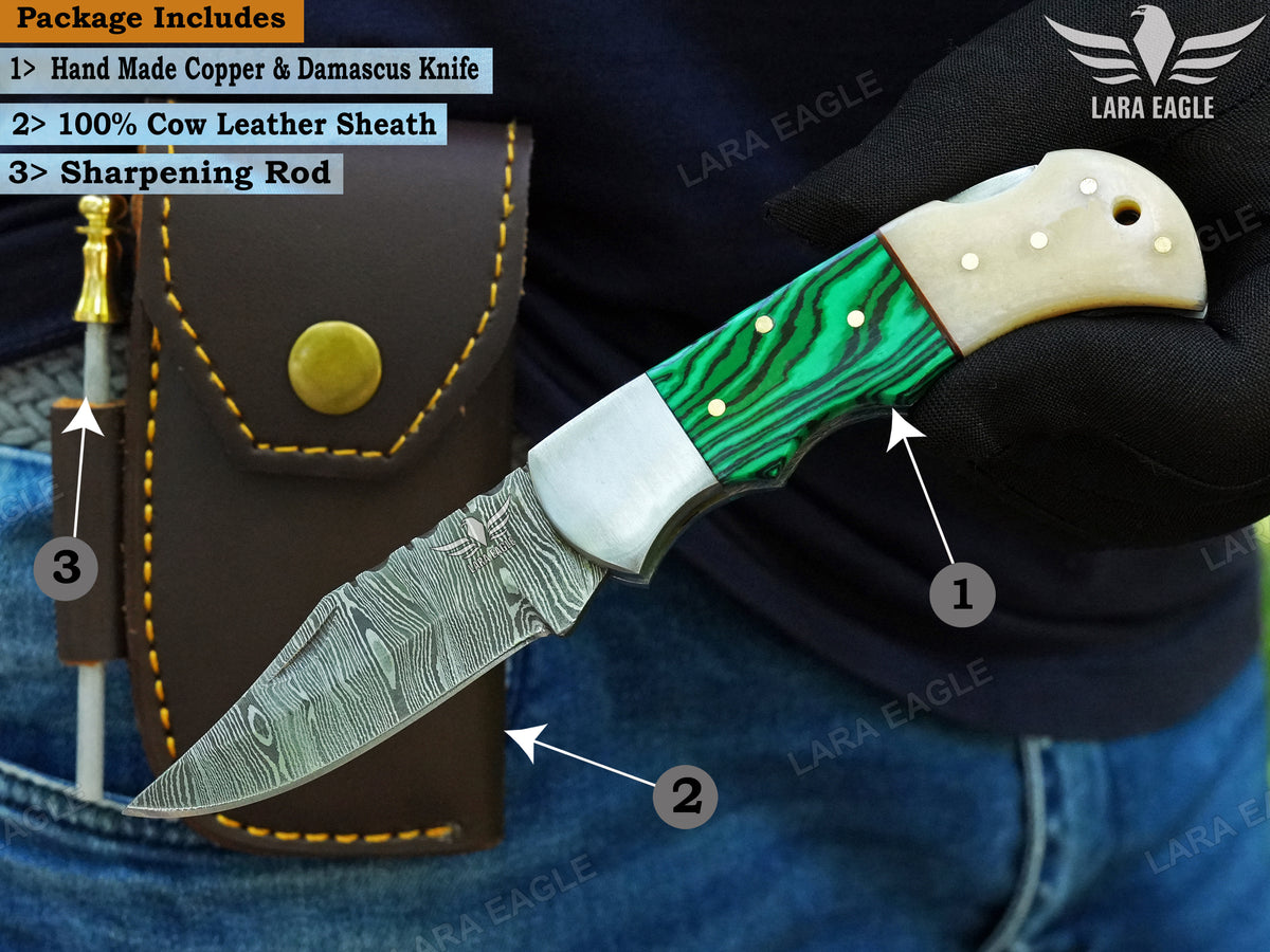 Handmade Damascus Steel Pocket Knife, Personalized Folding Knife, Malachite and Camel Bone Handle