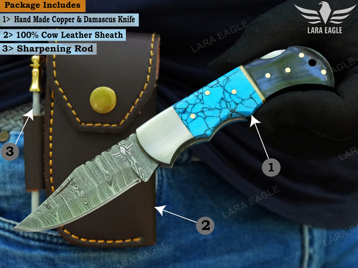 Handmade Damascus Steel Pocket Knife, Personalized Folding Knife, Turquoise and Bull Horn Handle
