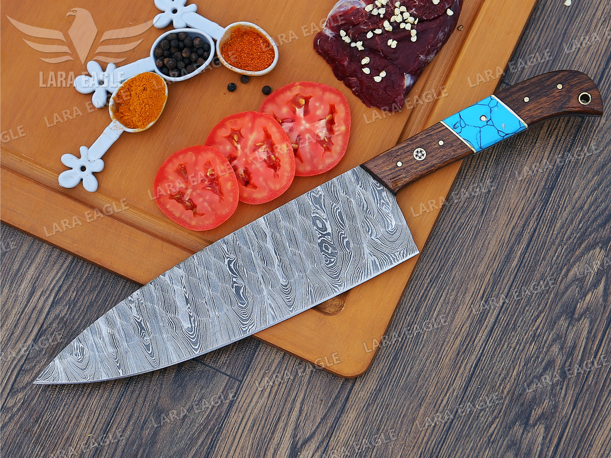 Handmade Damascus Chef Knife Set: Turquoise & Rose Wood Handle Birthday Gift Anniversary Gift
