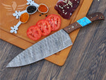 Handmade Damascus Chef Knife Set: Turquoise & Rose Wood Handle Birthday Gift Anniversary Gift