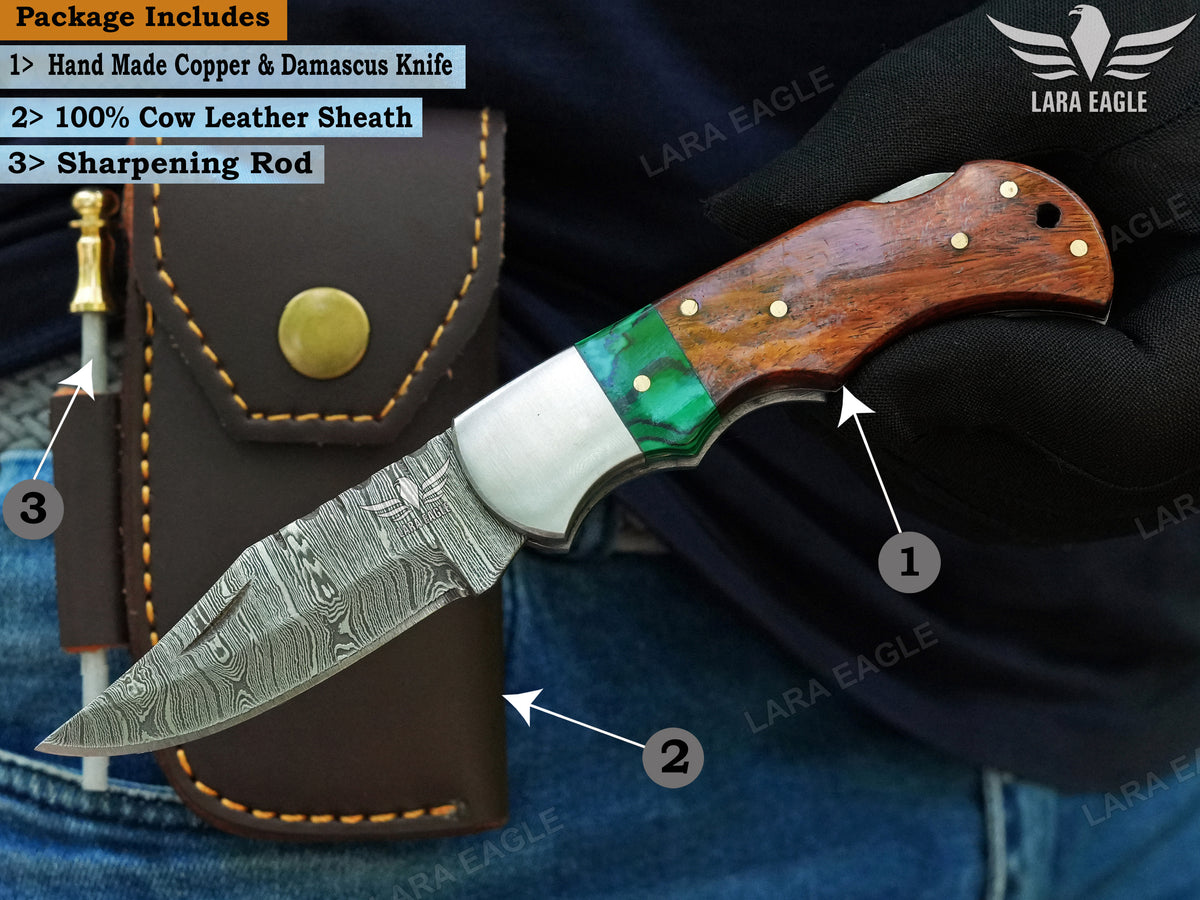 Personalized Handmade Damascus Steel Pocket Knife, Malachite and Rose Wood Handle