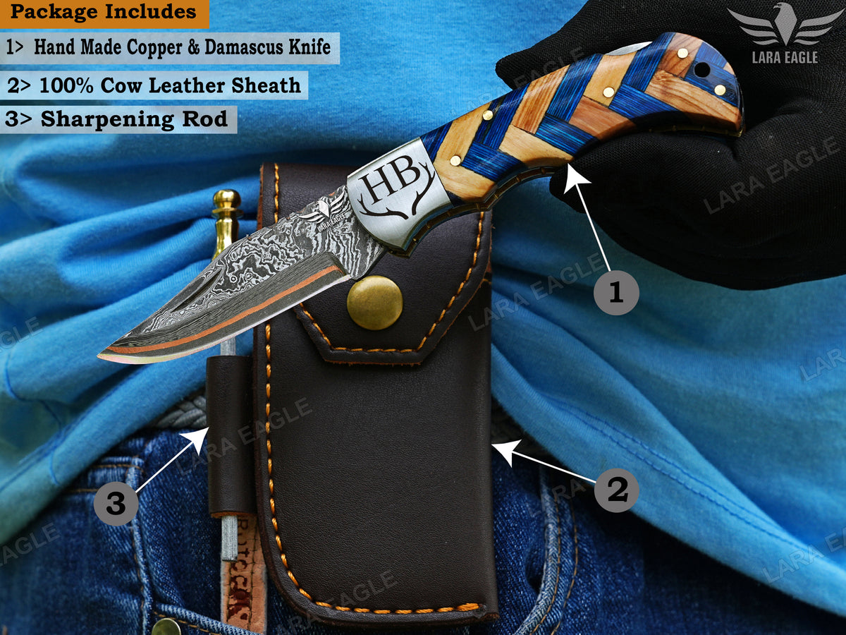 Custom Copper Damascus Pocket Knife Anniversary Gift Outdoor Survival Folding Knife Groomsman Gift Personalized Gift For Men Christmas Gift
