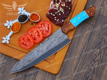 Handcrafted San Mai Damascus Chef Knife Set 5-Piece with Turquoise & Rose Wood Handles Leather Sheath Gift for Anniversary