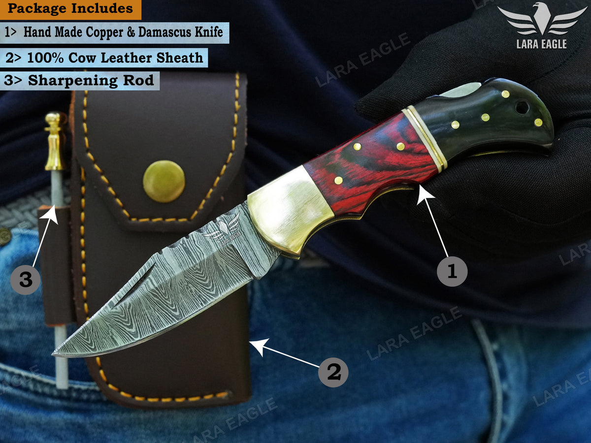 Hand Forged Damascus Steel Pocket Knife, Personalized Folding Knife, Pakka Wood and Bull Horn Handle