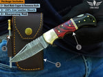 Hand Forged Damascus Steel Pocket Knife, Personalized Folding Knife, Pakka Wood and Bull Horn Handle