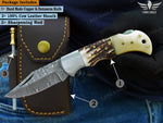 Handmade Damascus Steel Pocket Folding Knife, Stag Horn and Camel Bone Handle