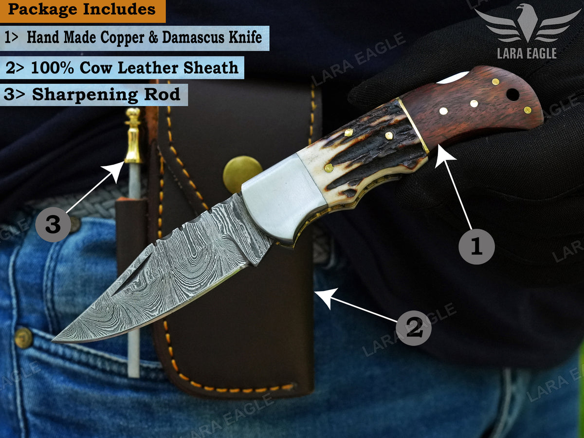 Personalized Handmade Damascus Steel Pocket Knife, Stag Horn and Rose Wood Handle