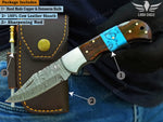 Damascus Steel Handmade Folding Knife, Turquoise and Rose Wood Handle, Everyday carry Pocket Knife