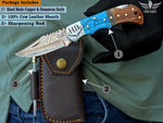 Copper Damascus Steel Handmade Folding Knife, Pocket Knife, Turquoise Gemstone & Wood Handle