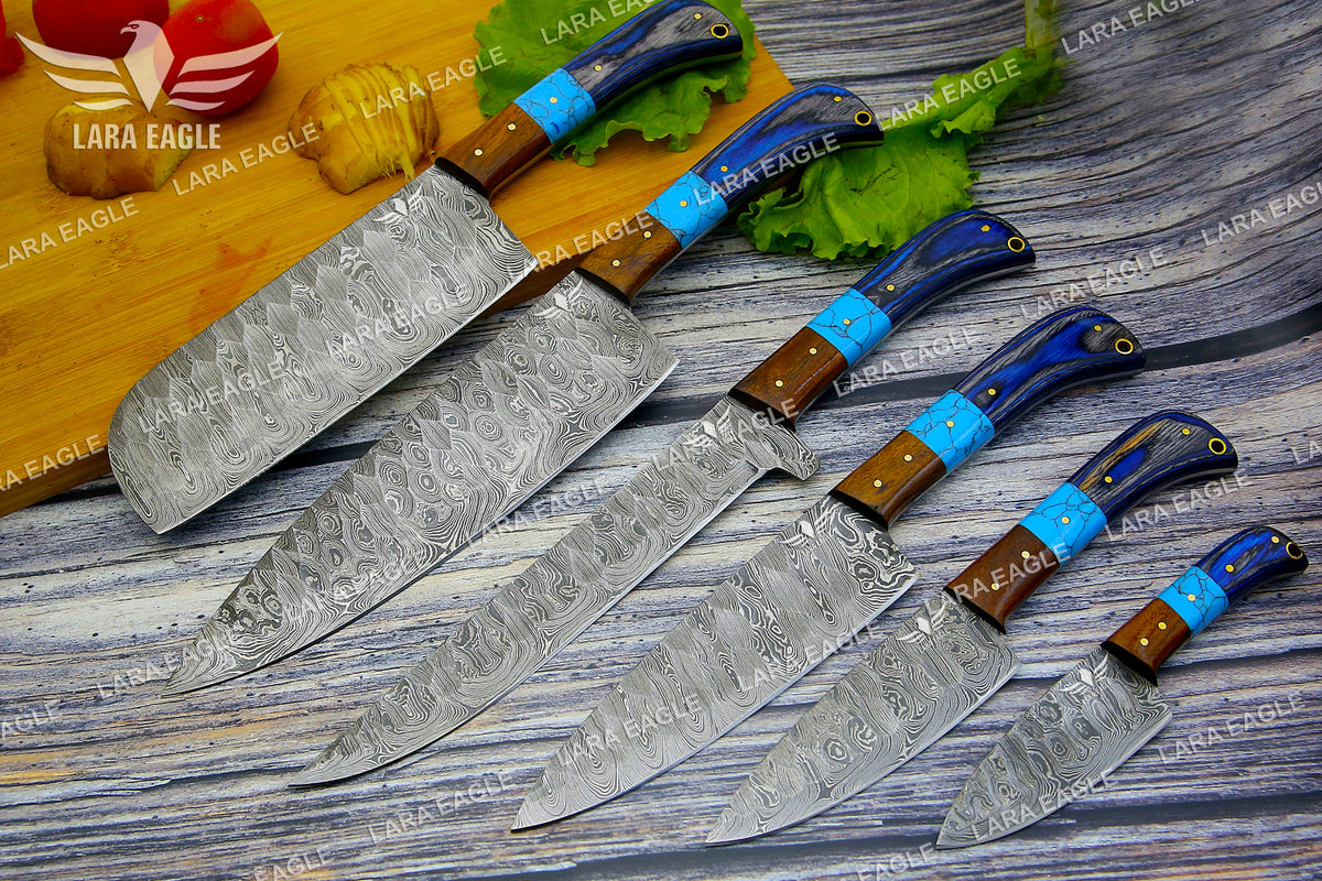 Elegant Damascus Steel Chef Knife Set with Turquoise Gemstone, Rosewood & Pakka Wood Handles, Professional Chef Knife Set, Anniversary Gift