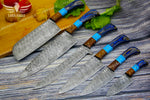 Elegant Damascus Steel Chef Knife Set with Turquoise Gemstone, Rosewood & Pakka Wood Handles, Professional Chef Knife Set, Anniversary Gift